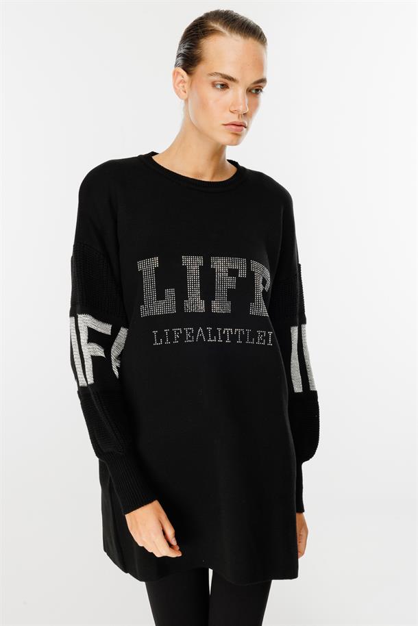 Önü Taşlı Yazılı Triko Tunik-SİYAH