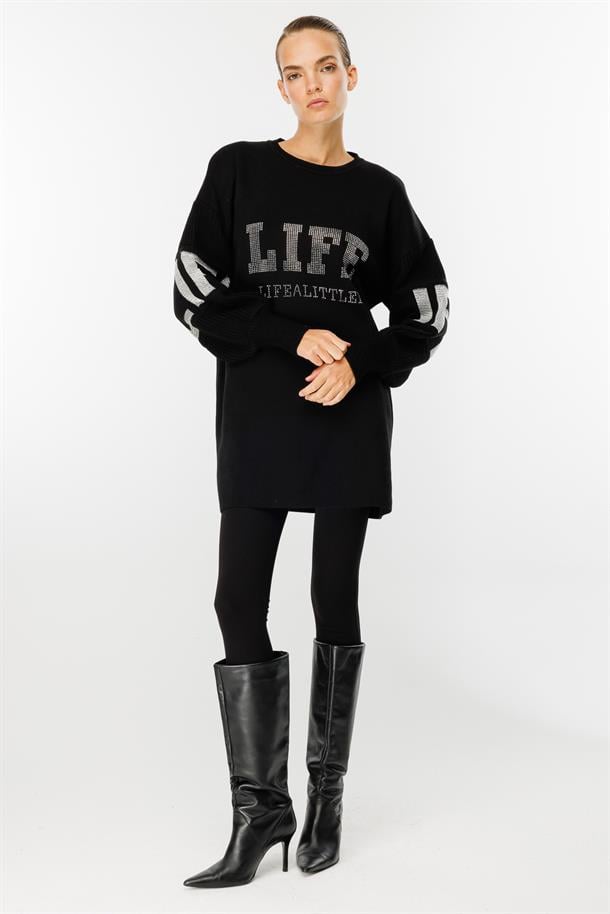 Önü Taşlı Yazılı Triko Tunik-SİYAH