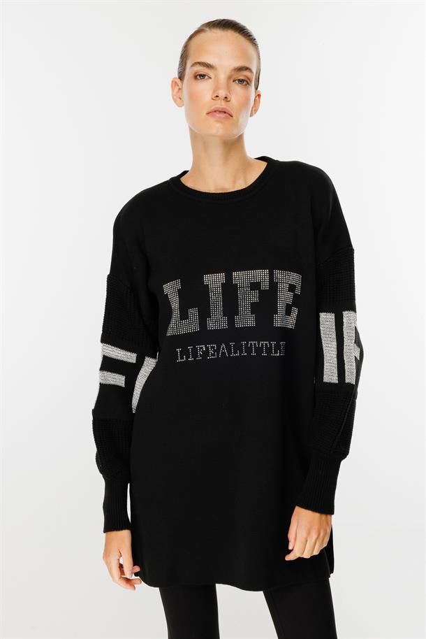 Önü Taşlı Yazılı Triko Tunik-SİYAH