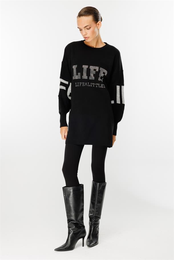 Önü Taşlı Yazılı Triko Tunik-SİYAH