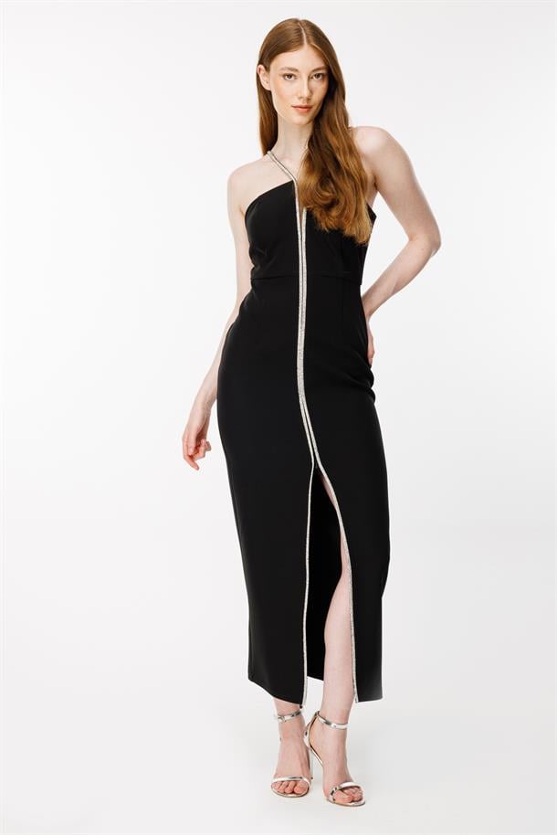 Önü Yırtmaçlı Krep Abiye-SİYAH