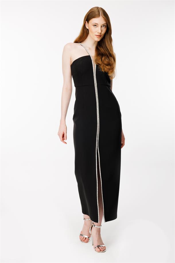 Önü Yırtmaçlı Krep Abiye-SİYAH