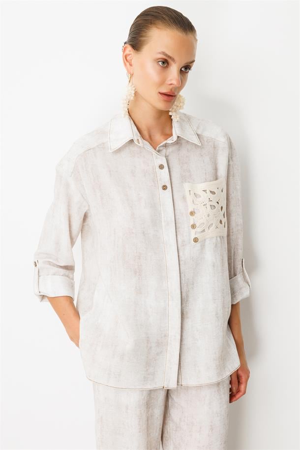 Örgü Cep Detay Keten Görünümlü Gömlek-TAŞ
