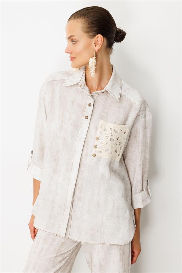 Örgü Cep Detay Keten Görünümlü Gömlek-TAŞ