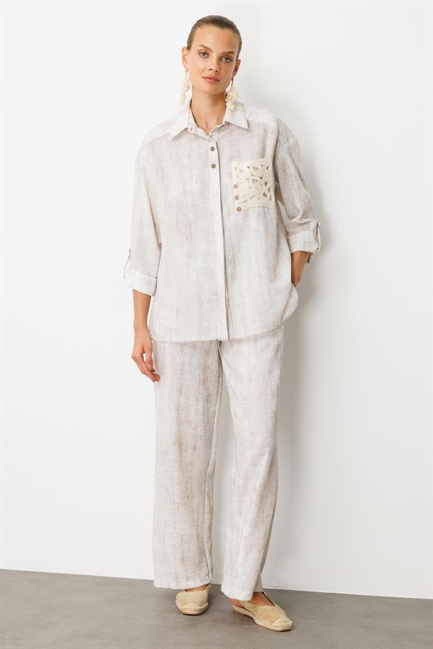 Örgü Cep Detay Keten Görünümlü Gömlek-TAŞ