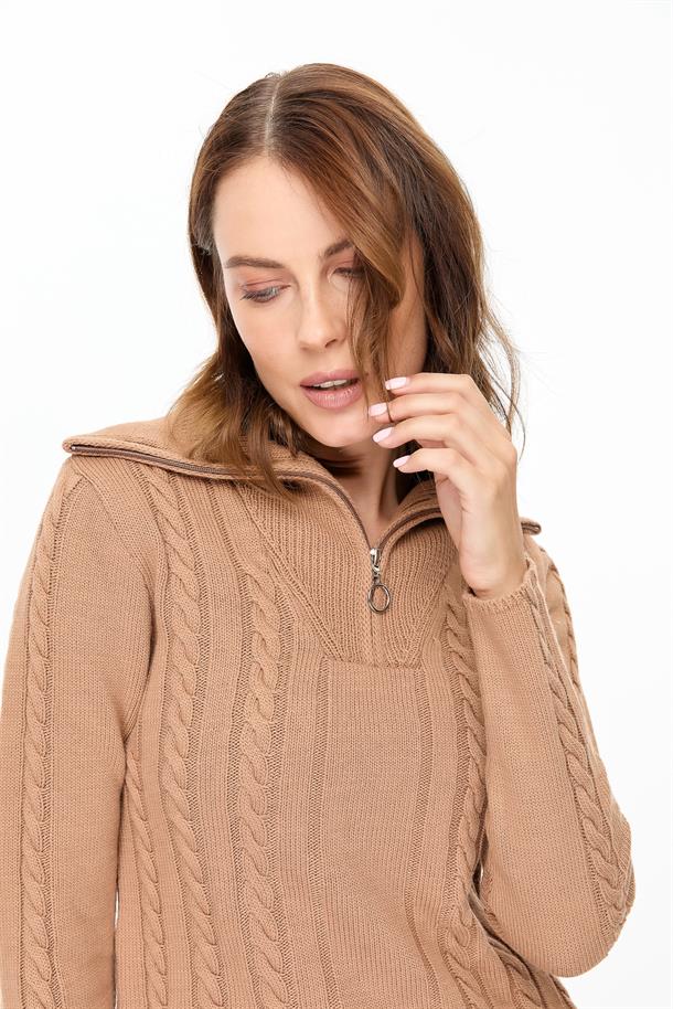 Örgü Desenli Polo Yaka Triko Kazak-CAMEL