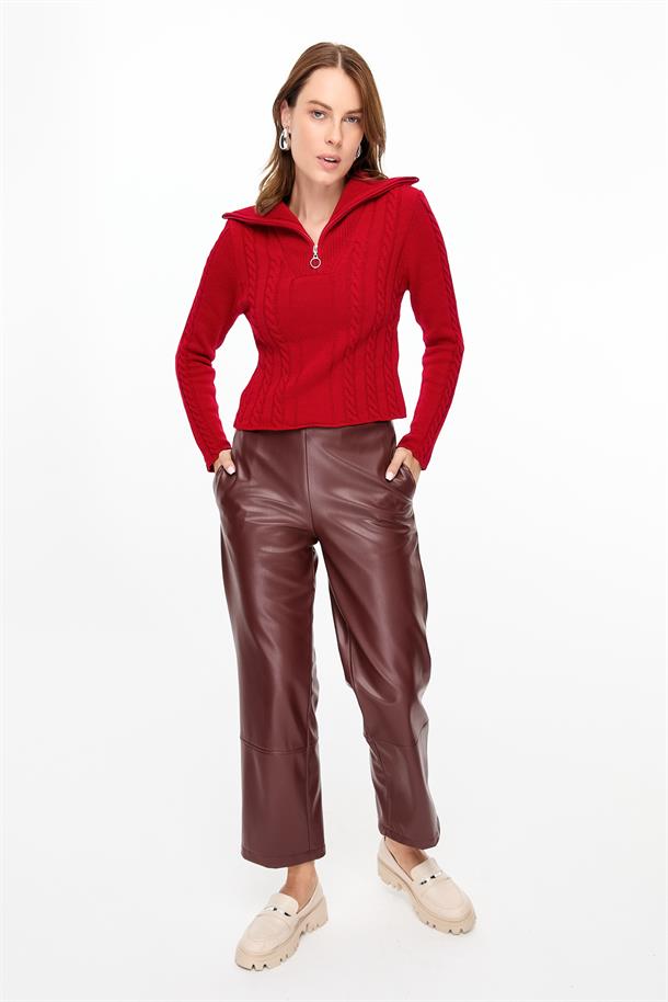 Örgü Desenli Polo Yaka Triko Kazak-KIRMIZI