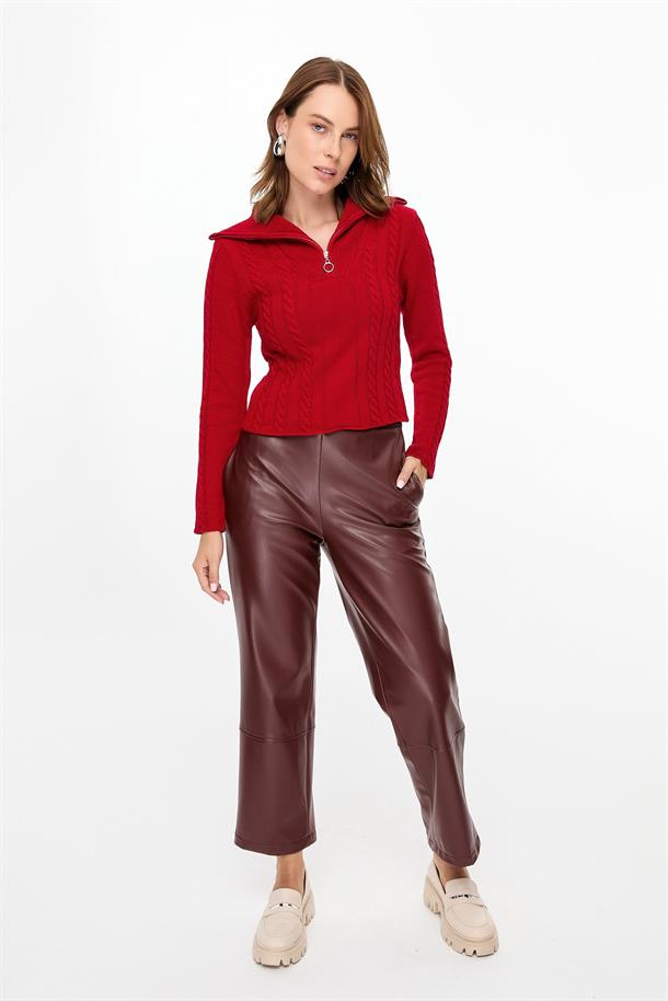 Örgü Desenli Polo Yaka Triko Kazak-KIRMIZI