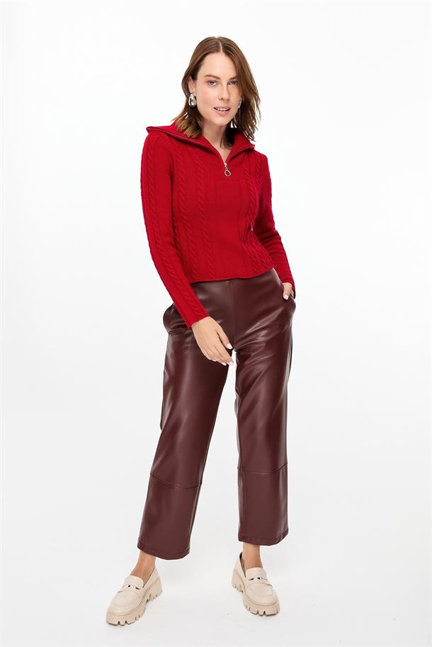 Örgü Desenli Polo Yaka Triko Kazak-KIRMIZI