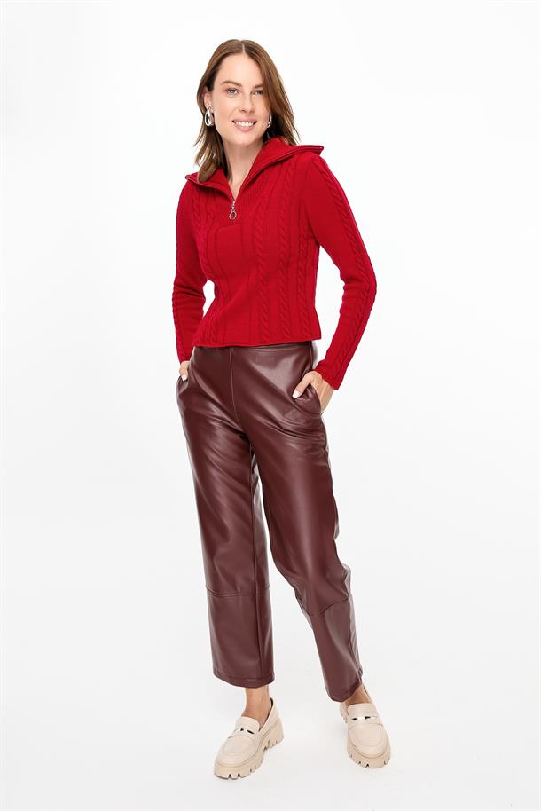 Örgü Desenli Polo Yaka Triko Kazak-KIRMIZI