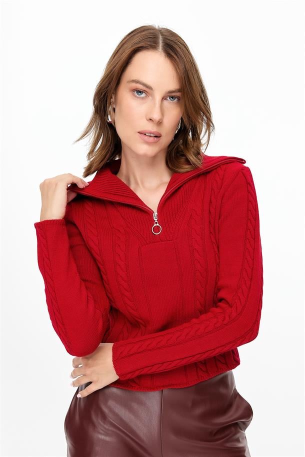 Örgü Desenli Polo Yaka Triko Kazak-KIRMIZI