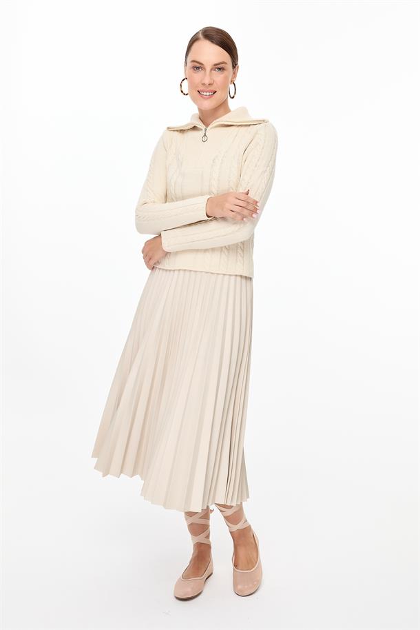 Örgü Desenli Polo Yaka Triko Kazak-KREM