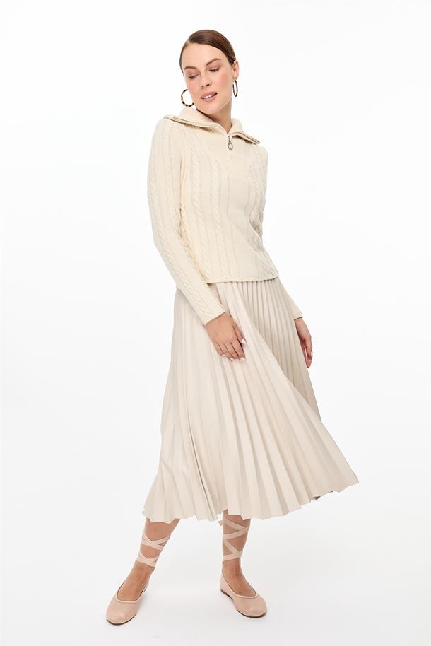 Örgü Desenli Polo Yaka Triko Kazak-KREM