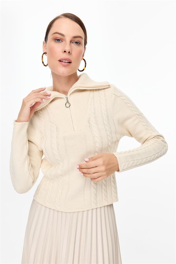 Örgü Desenli Polo Yaka Triko Kazak-KREM