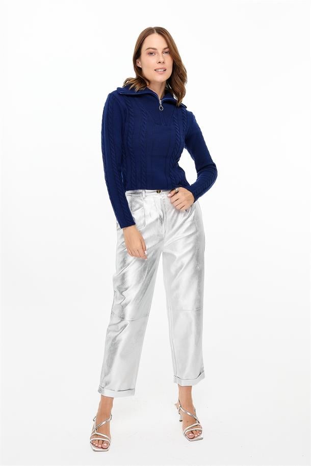 Örgü Desenli Polo Yaka Triko Kazak-LACI