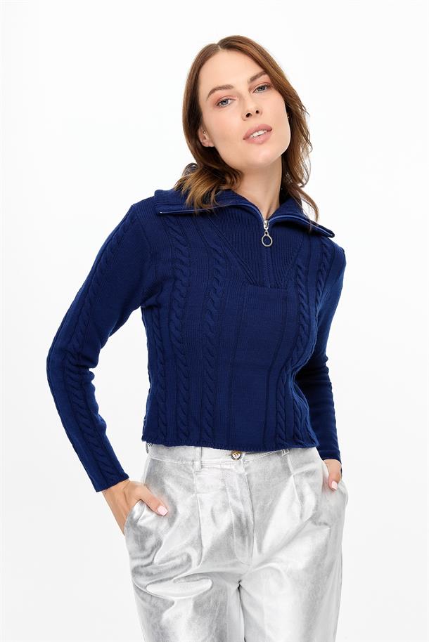 Örgü Desenli Polo Yaka Triko Kazak-LACI