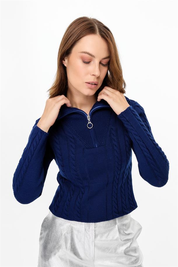 Örgü Desenli Polo Yaka Triko Kazak-LACI