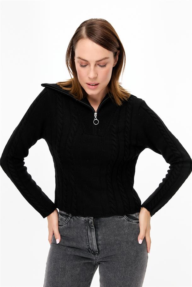 Örgü Desenli Polo Yaka Triko Kazak-SİYAH