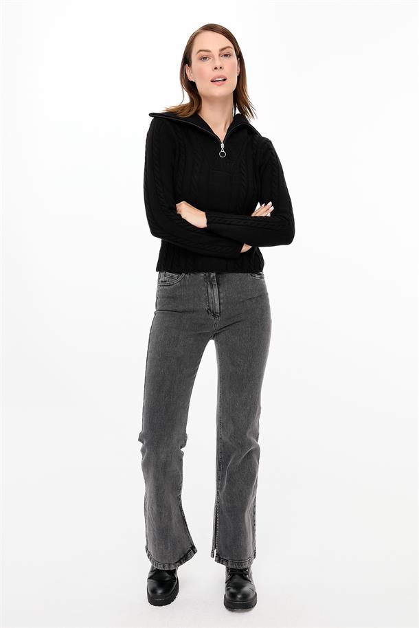 Örgü Desenli Polo Yaka Triko Kazak-SİYAH