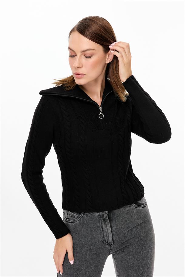 Örgü Desenli Polo Yaka Triko Kazak-SİYAH