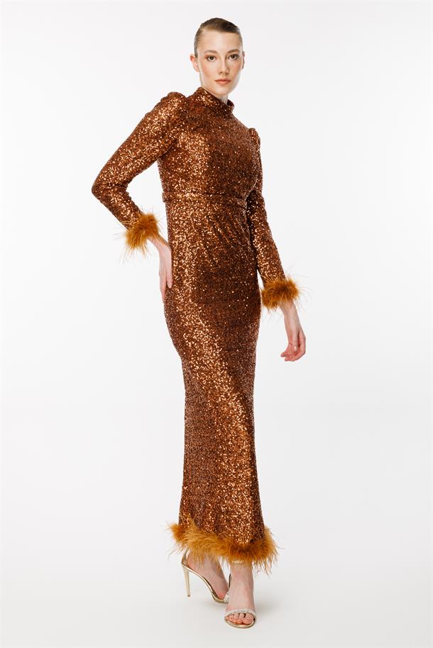 Otriş Detaylı Payet Uzun Abiye-BAKIR