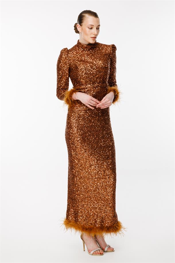 Otriş Detaylı Payet Uzun Abiye-BAKIR