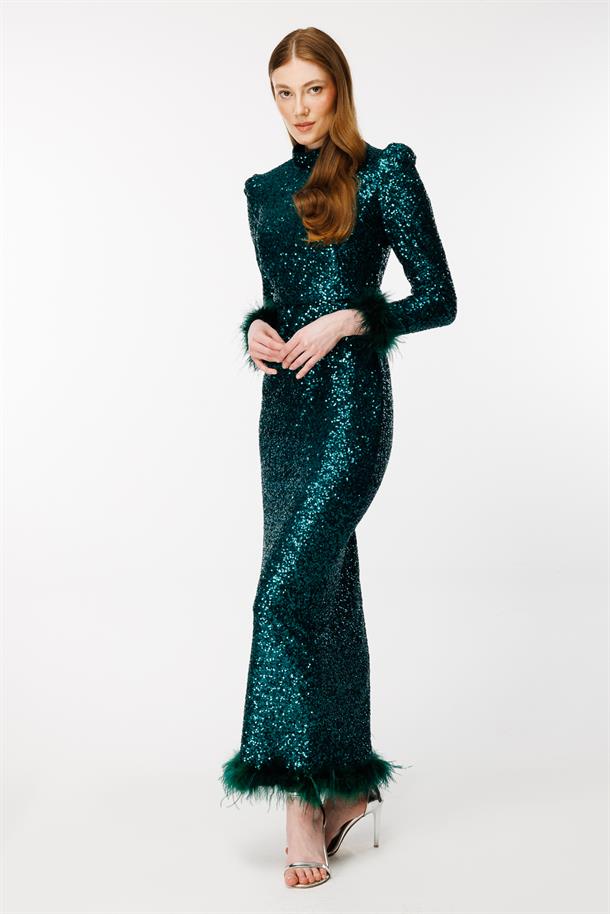 Otriş Detaylı Payet Uzun Abiye-ZÜMRÜT