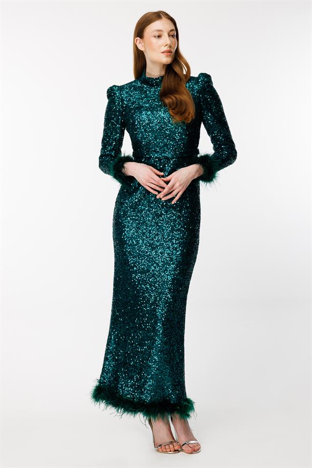 Otriş Detaylı Payet Uzun Abiye-ZÜMRÜT