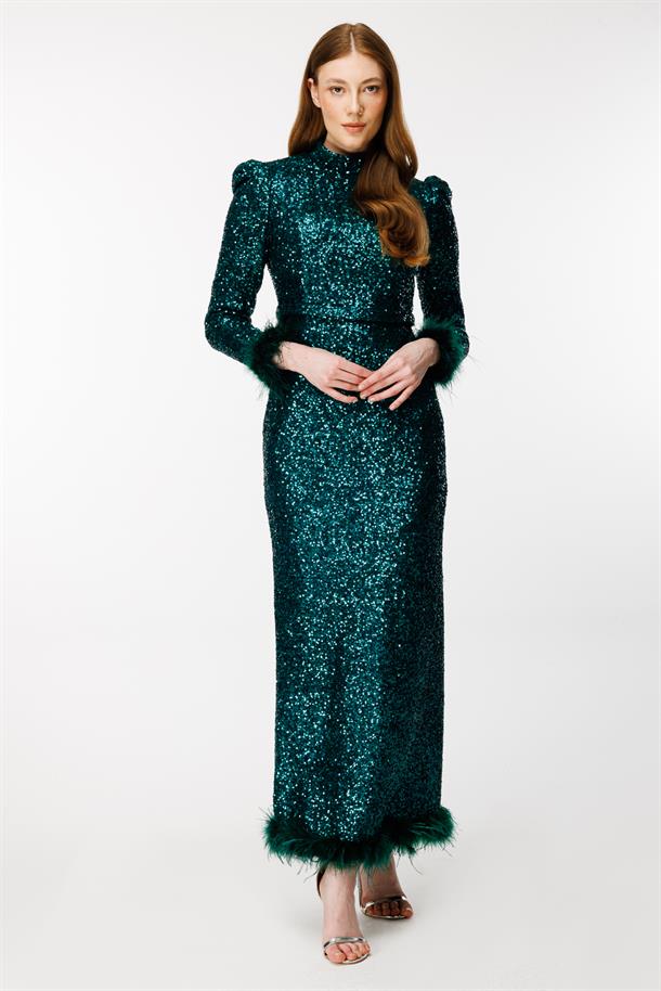 Otriş Detaylı Payet Uzun Abiye-ZÜMRÜT