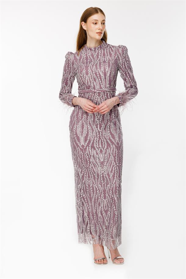 Otriş Detaylı Simli Kalem Abiye-LILA