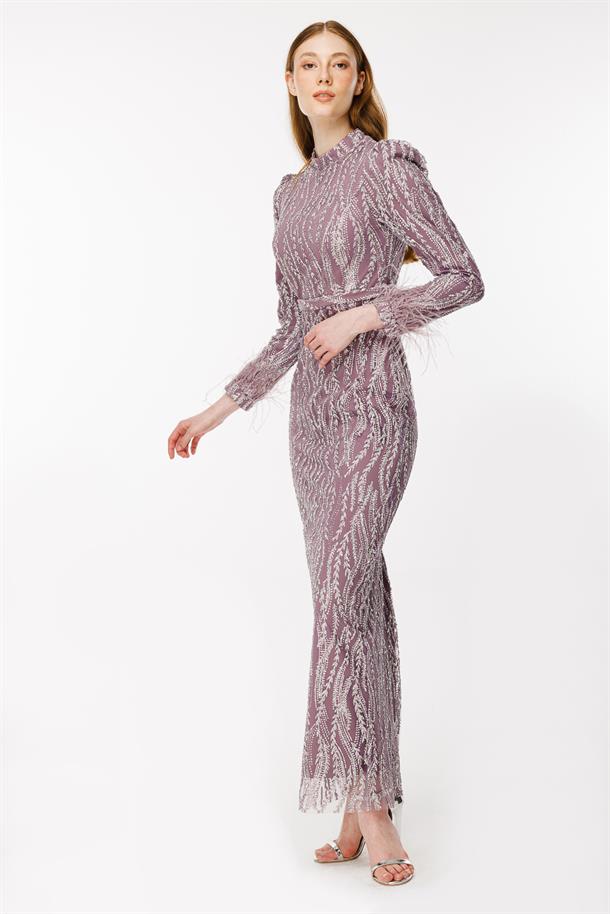 Otriş Detaylı Simli Kalem Abiye-LILA