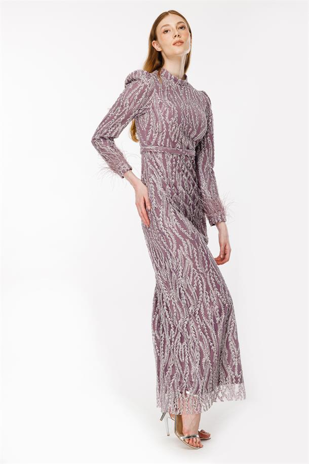 Otriş Detaylı Simli Kalem Abiye-LILA