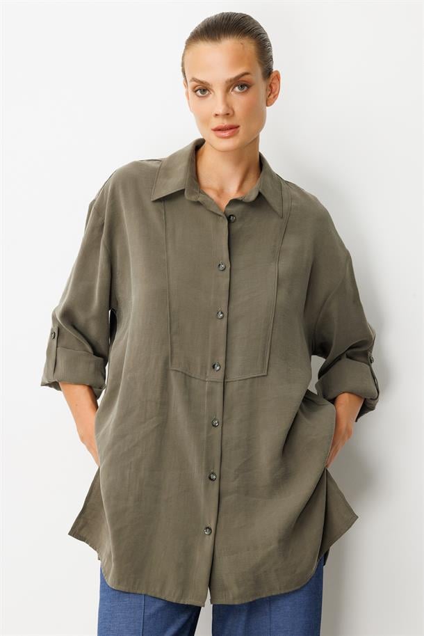 Yırtmaç Detay Modal Gömlek-HAKİ