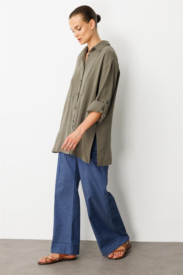 Yırtmaç Detay Modal Gömlek-HAKİ