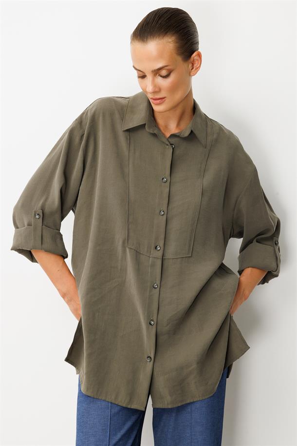 Yırtmaç Detay Modal Gömlek-HAKİ