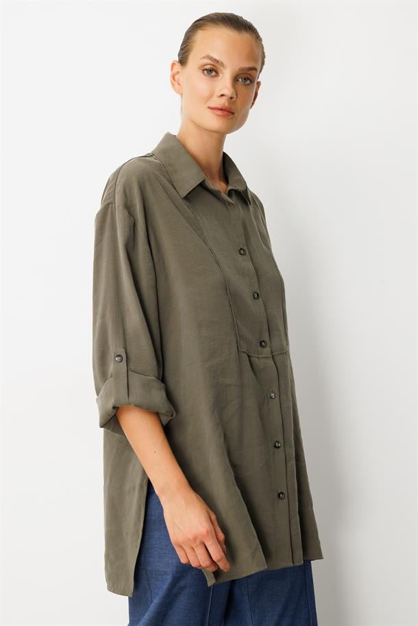 Yırtmaç Detay Modal Gömlek-HAKİ