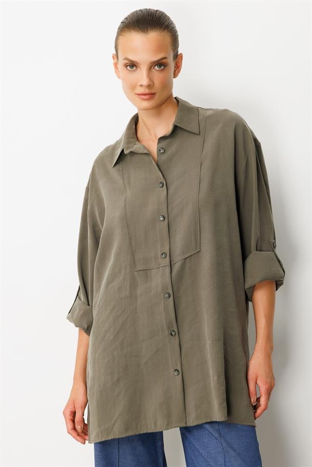 Yırtmaç Detay Modal Gömlek-HAKİ