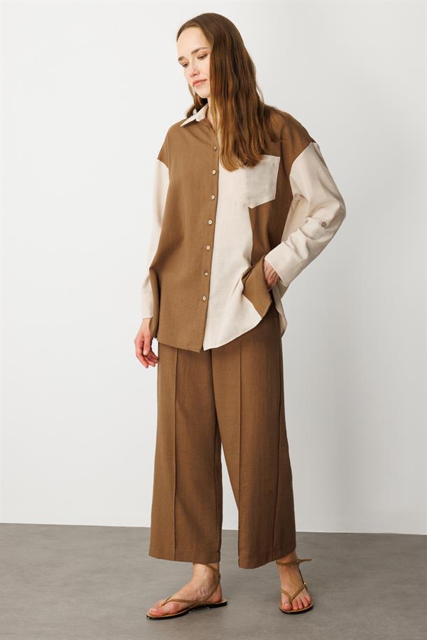 Oversize Keten Görünüm Tunik Gömlek-KAHVE