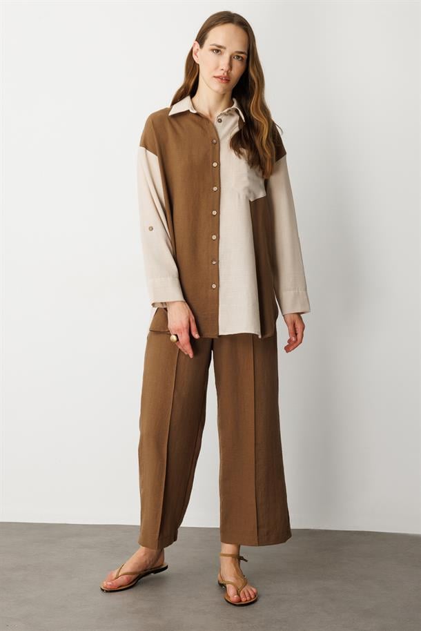 Oversize Keten Görünüm Tunik Gömlek-KAHVE