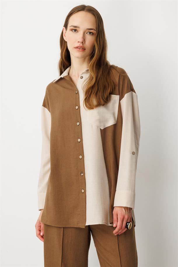 Oversize Keten Görünüm Tunik Gömlek-KAHVE