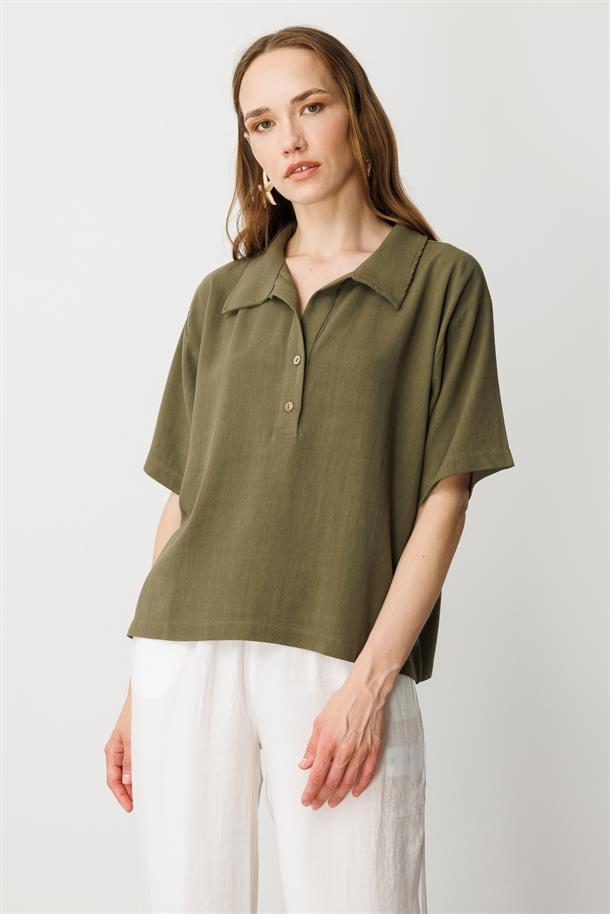 Oversize Pamuklu Keten Bluz-HAKİ