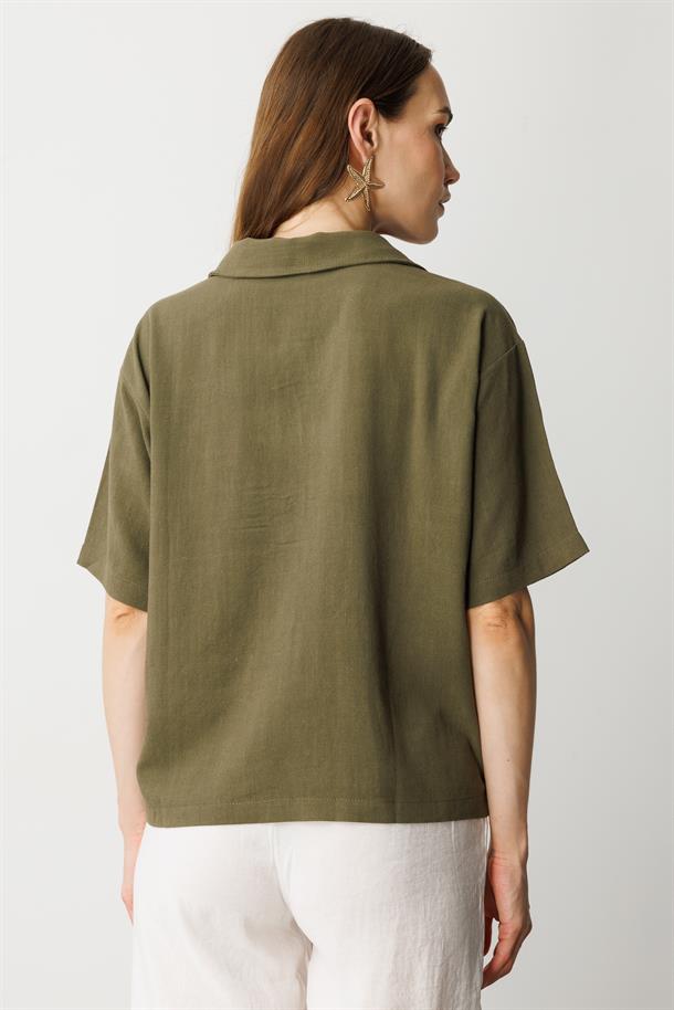 Oversize Pamuklu Keten Bluz-HAKİ