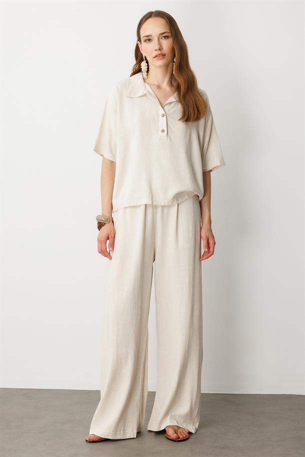 Oversize Pamuklu Keten Bluz-KREM