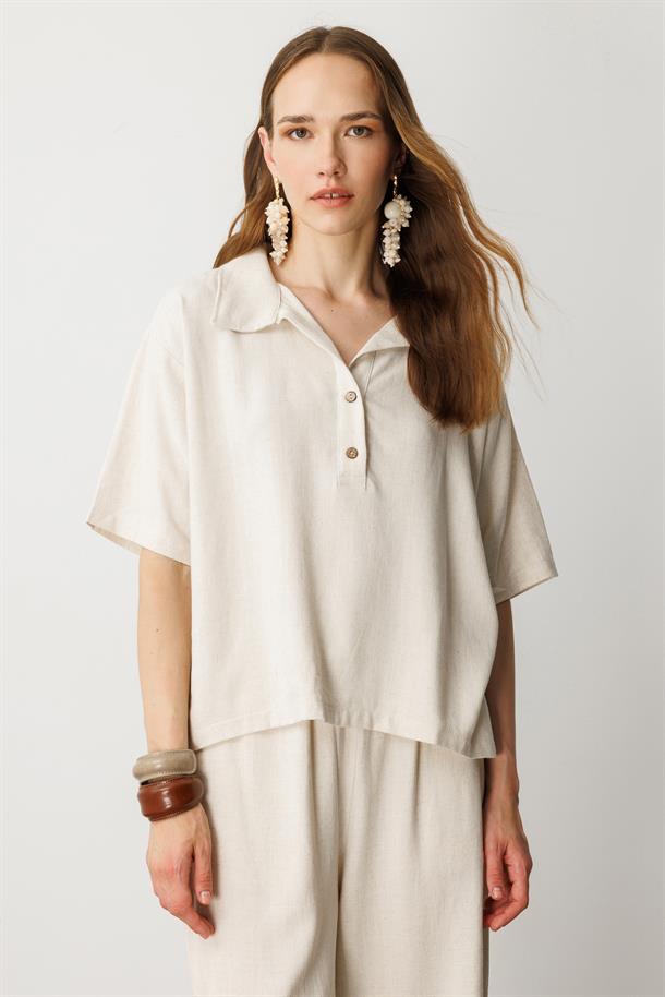 Oversize Pamuklu Keten Bluz-KREM