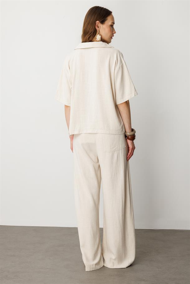 Oversize Pamuklu Keten Bluz-KREM