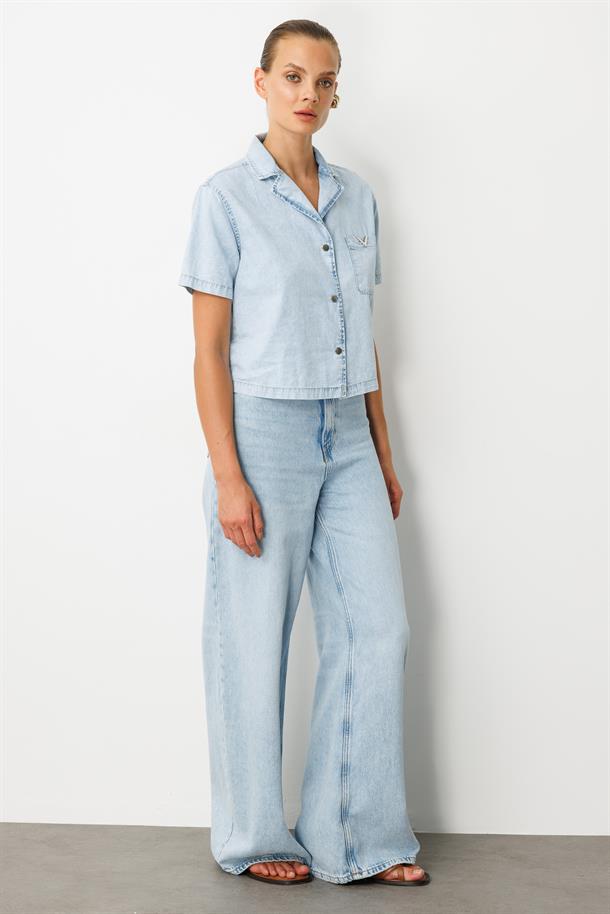 Oversize Pamuklu Kot Gömlek-MAVİ