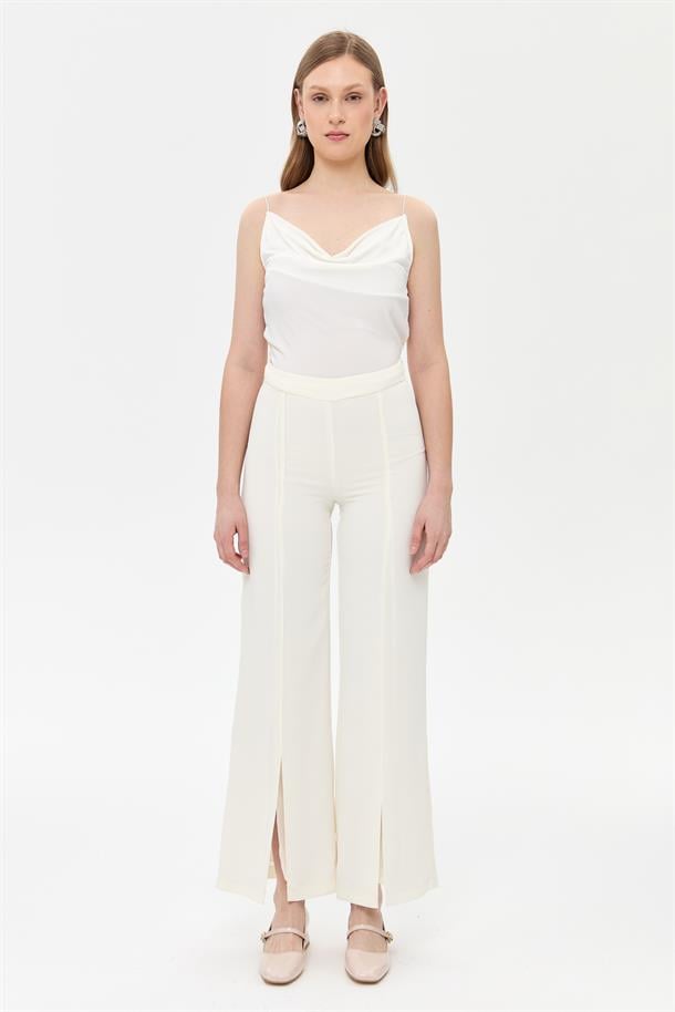 Paça Yırtmaçlı Nervür Detaylı Pantolon-KEMIK