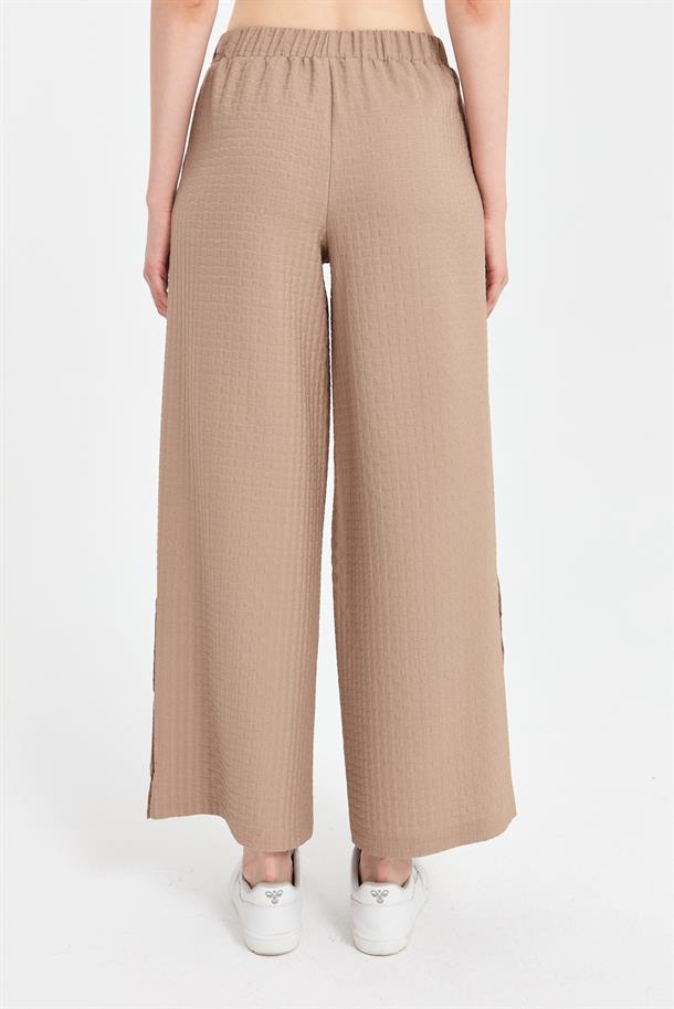 Paçası Düğme Detaylı Bol Paça Pantolon-VİZON