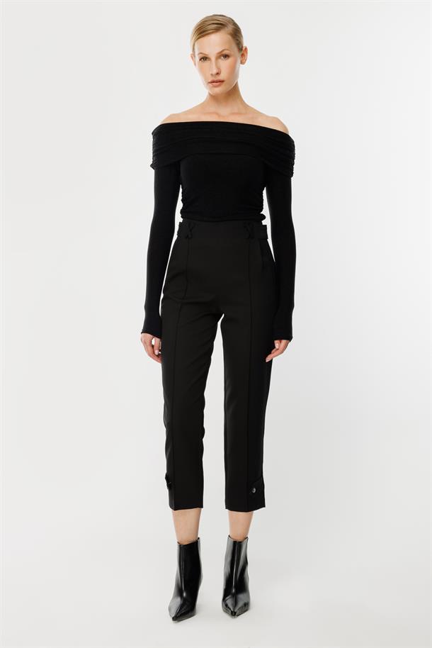 Paçası Düğme Detaylı Pantolon-SİYAH