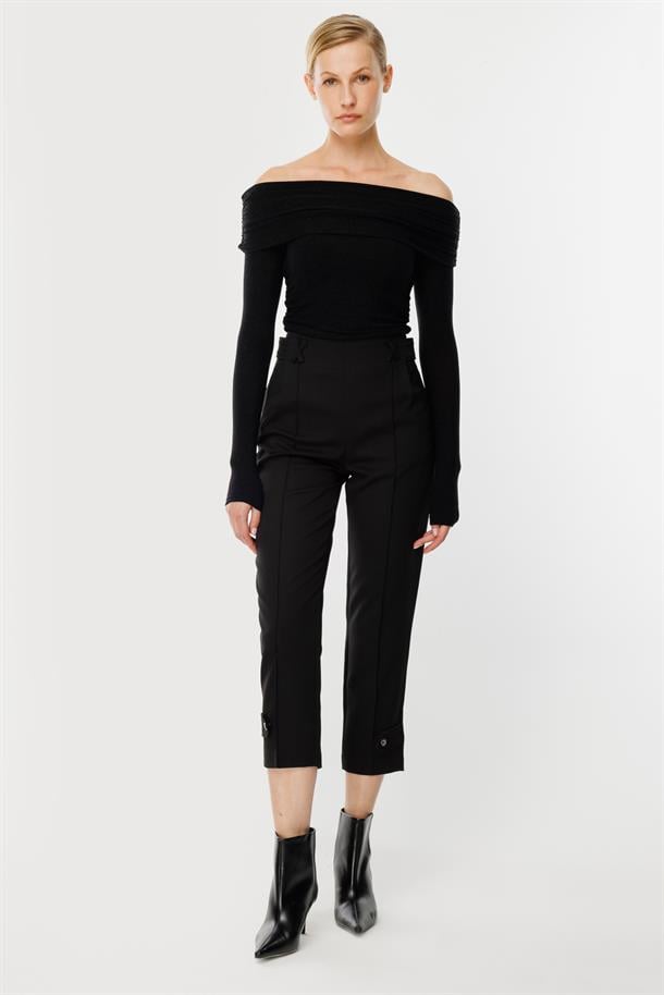 Paçası Düğme Detaylı Pantolon-SİYAH